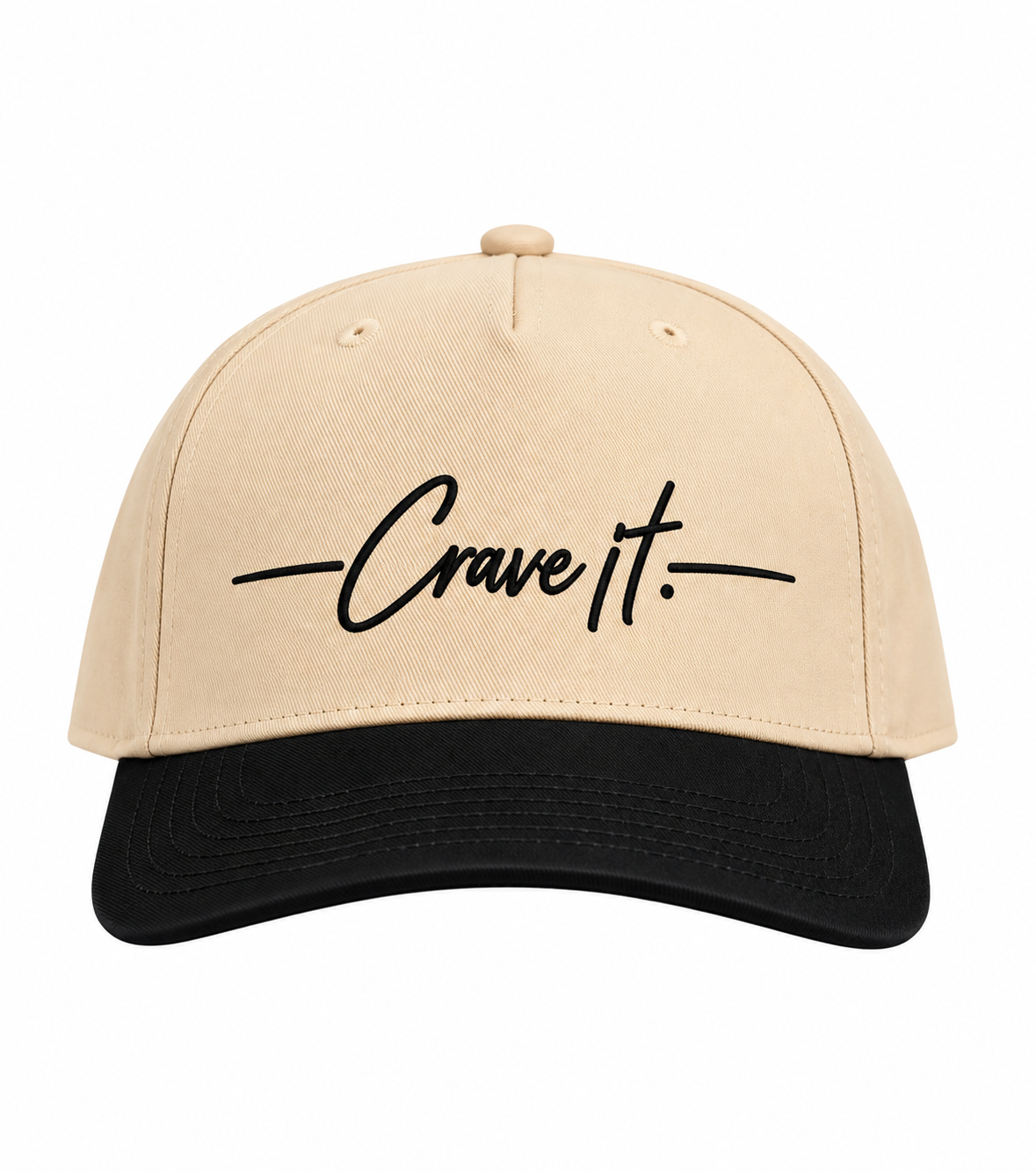 Signature Crave it. cream and black cap on white background