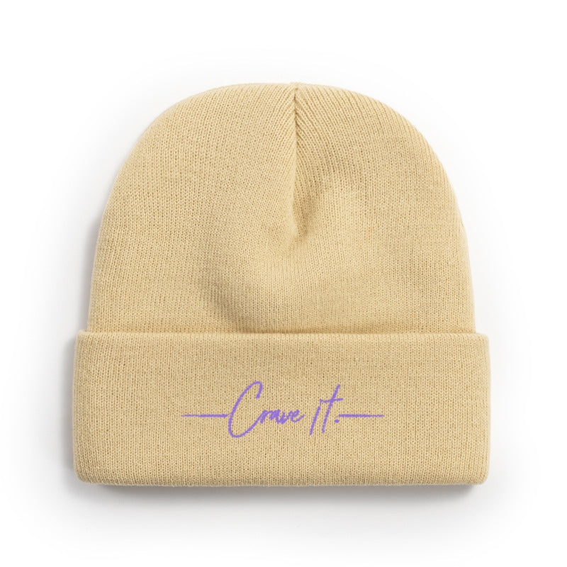 Beige Beanie Purple Letter