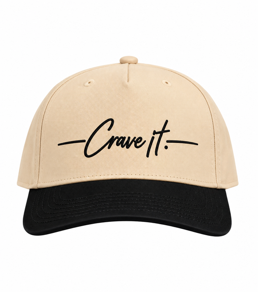 Signature Crave it. cream and black cap on white background